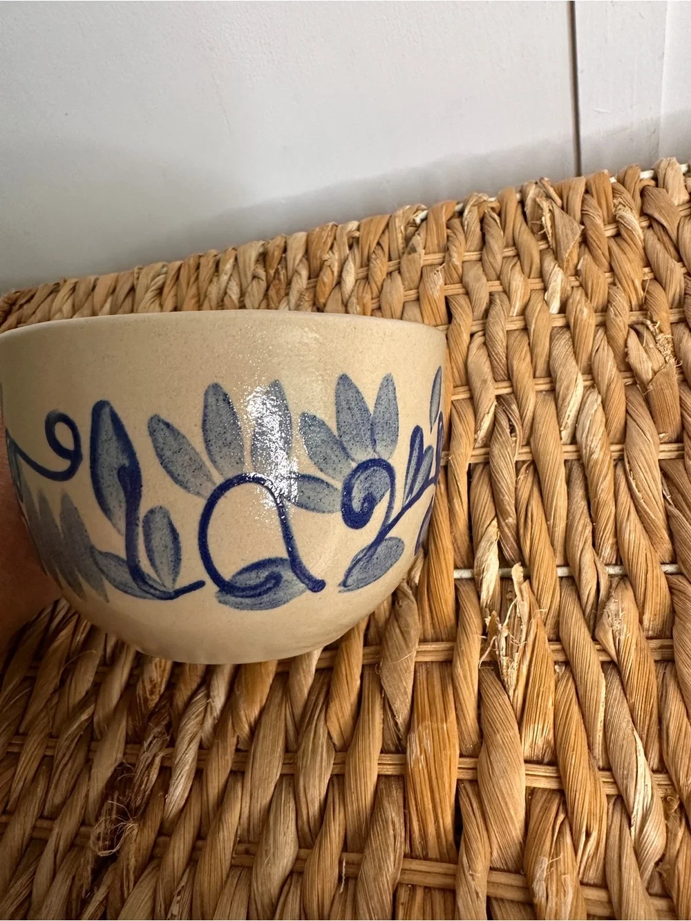 Hand-Painted Blue Leaf Ceramic Mug - Neutral Exterior